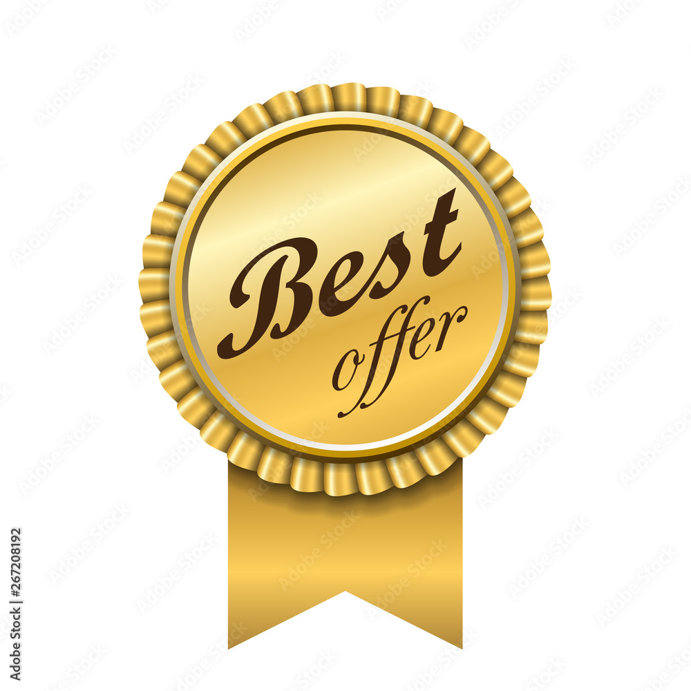 Best offer award ribbon icon. Gold sign isolated white background. Golden badge choice reward. Symbol win celebration. Decoration medal success, advantage, competition quality. Vector illustration Best offer award ribbon icon. Gold sign isolated white background. Golden badge choice reward. Symbol win celebration. Decoration medal success, advantage, competition quality. Vector illustration