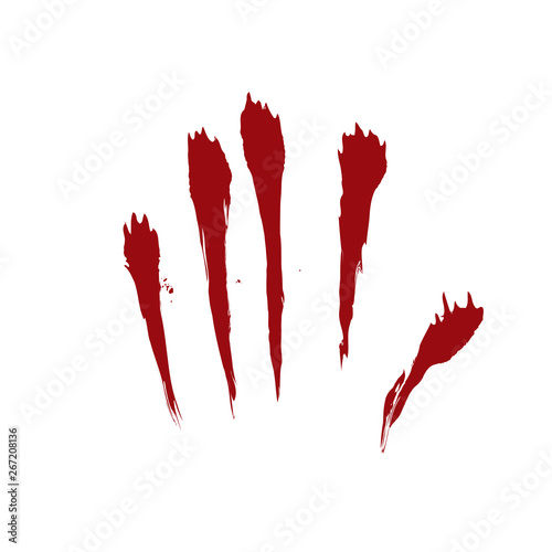 Bloody hand print isolated white background. Horror scary blood dirty handprint, fingerprint. Red palm, fingers, stain, splatter, streams. Symbol horror zombie, murder, violence. Vector illustration