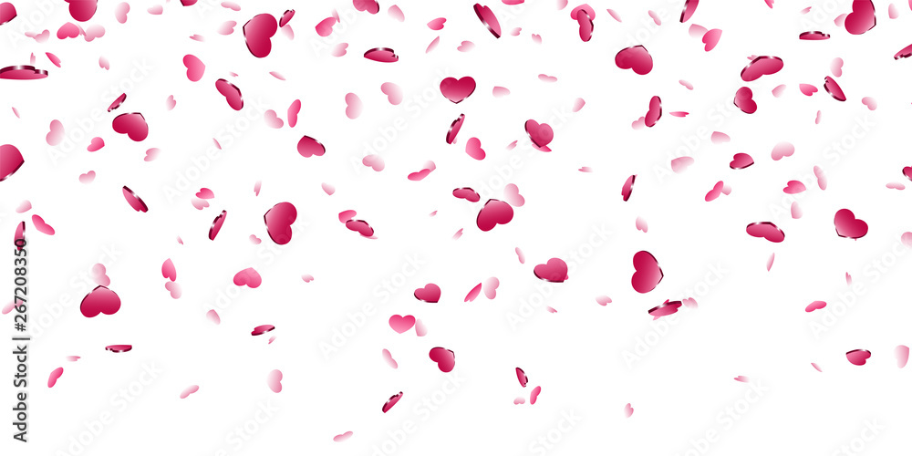 Heart falling confetti isolated white background. Pink fall hearts. Valentine day decoration. Love element design, hearts-shape confetti invitation wedding card, romantic holiday. Vector illustration