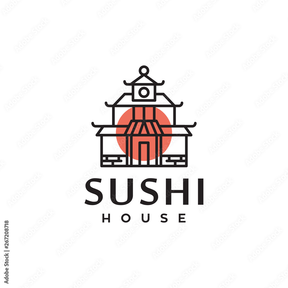 japanese sushi / traditional house with japan flag vector logo design