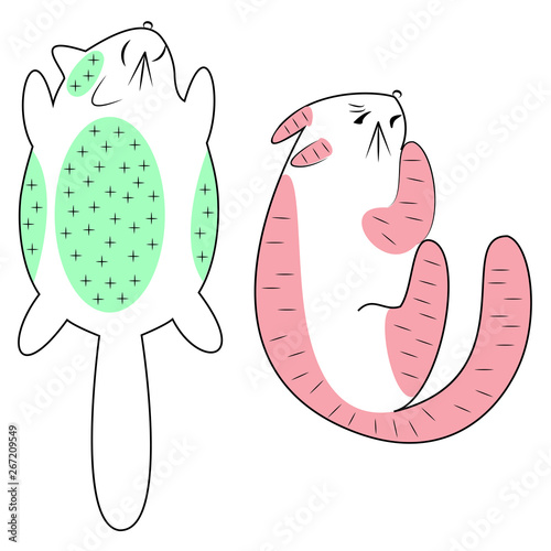 Cat gentle, relax it can be ironed. The pet is evil, tense, it can not be touched. The animal lies on its stomach, the belly is on top. Vector illustration