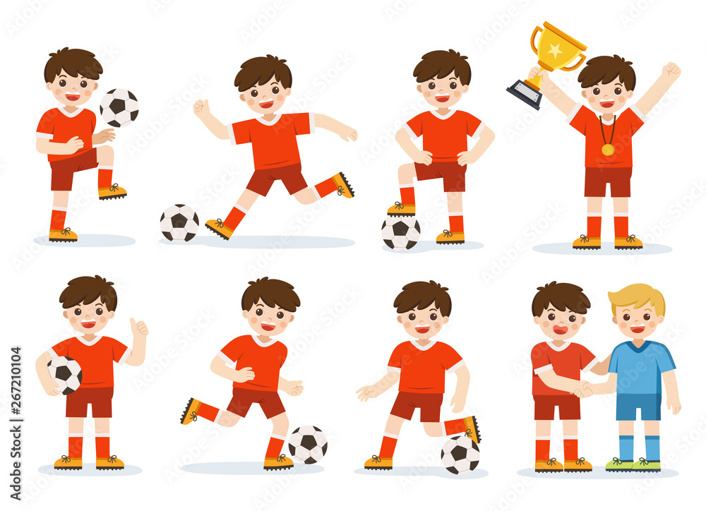 Set of Soccer kid with different pose. Player celebrating with a trophy after match on soccer field. Happy Boy is playing football and  improving soccer skills. A boy football training session.