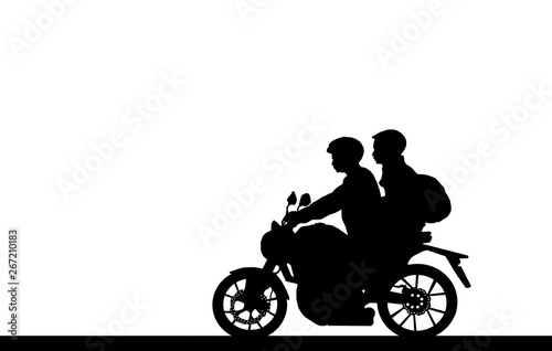  silhouette lover couple ride classic motorcycle on white background