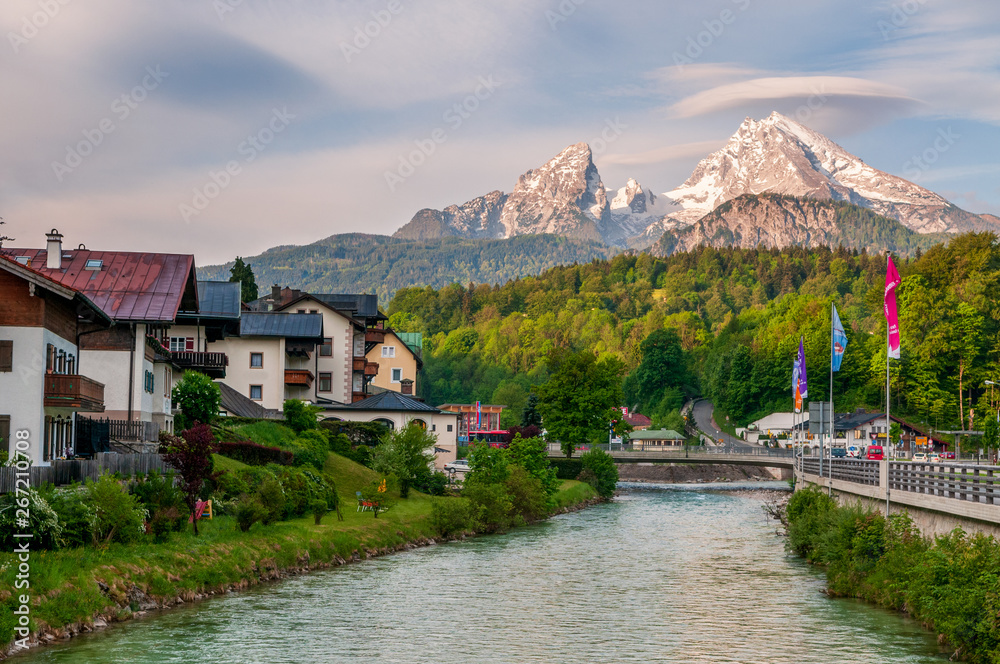 Berchtesgaden river and town in the morning, Bavaria, Germany.