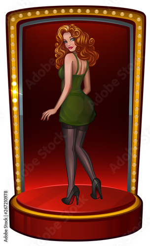 Beautiful redhead pin-up girl in green dress on scene