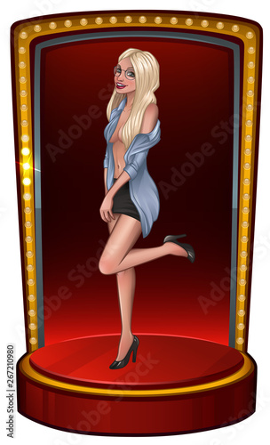 Beautiful pin-up blonde with glasses on scene