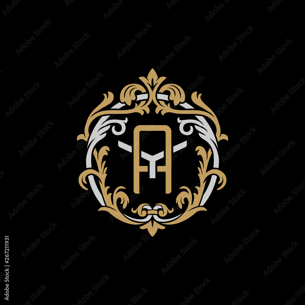 Initial letter Y and A, YA, AY, decorative ornament emblem badge, overlapping monogram logo, elegant luxury silver gold color on black background