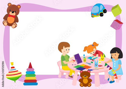 Creative kids frame banner vector illustration. Girls and boys playing, painting, cutting paper, sketching. Education and enjoyment concept. Colorful pencils, watercolor, plasticine.