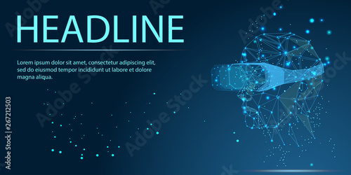 Human in Virtual Reality Helmet. Polygonal wireframe low poly Vector, Banner. Abstract image of a starry sky or space, consisting of points, lines, n the form of stars and the universe. 