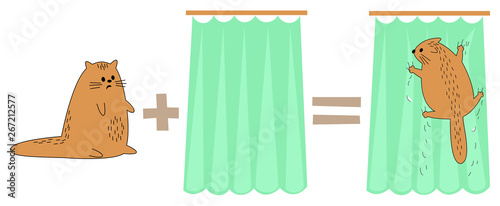Cat plus curtain, equals. Pet scared, hanging on the curtains. The animal broke, damaged the curtain. Funny math. Vector illustration
