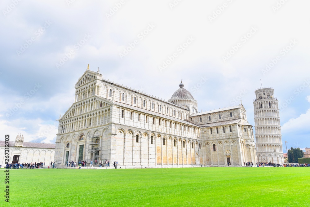 Scenery of Pisa Tower and Pisa Cathedral at the Square of Miracles in Pisa City