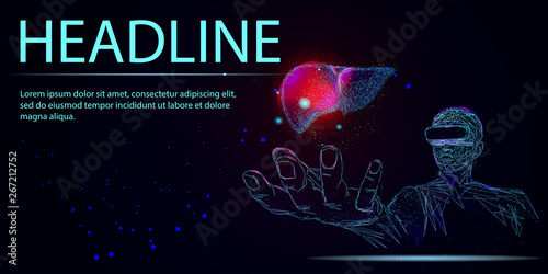 Human Liver. Low poly wireframe style. Vector, Banner. Abstract image of a starry sky or space, consisting of points, lines, n the form of stars and the universe. Low poly vector