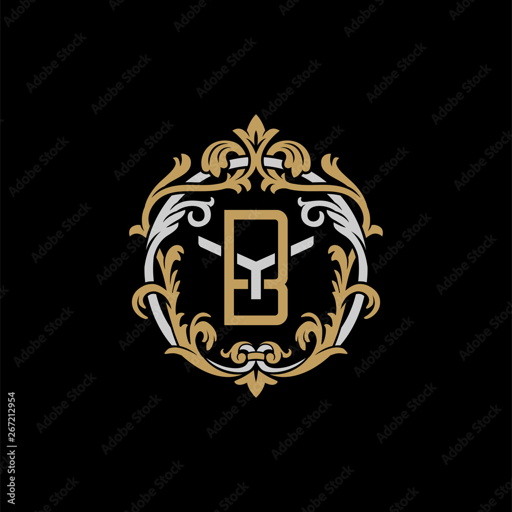 Initial letter Y and B, YB, BY, decorative ornament emblem badge, overlapping monogram logo, elegant luxury silver gold color on black background