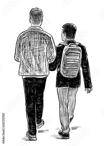 Sketch of boys students walking down the street