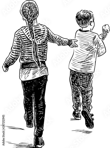 Sketch of the siblings going down the street