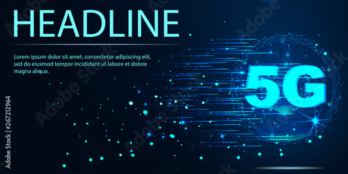 5G. Low poly wireframe style. Vector, Banner. Abstract image of a starry sky or space, consisting of points, lines, n the form of stars and the universe. Low poly vector