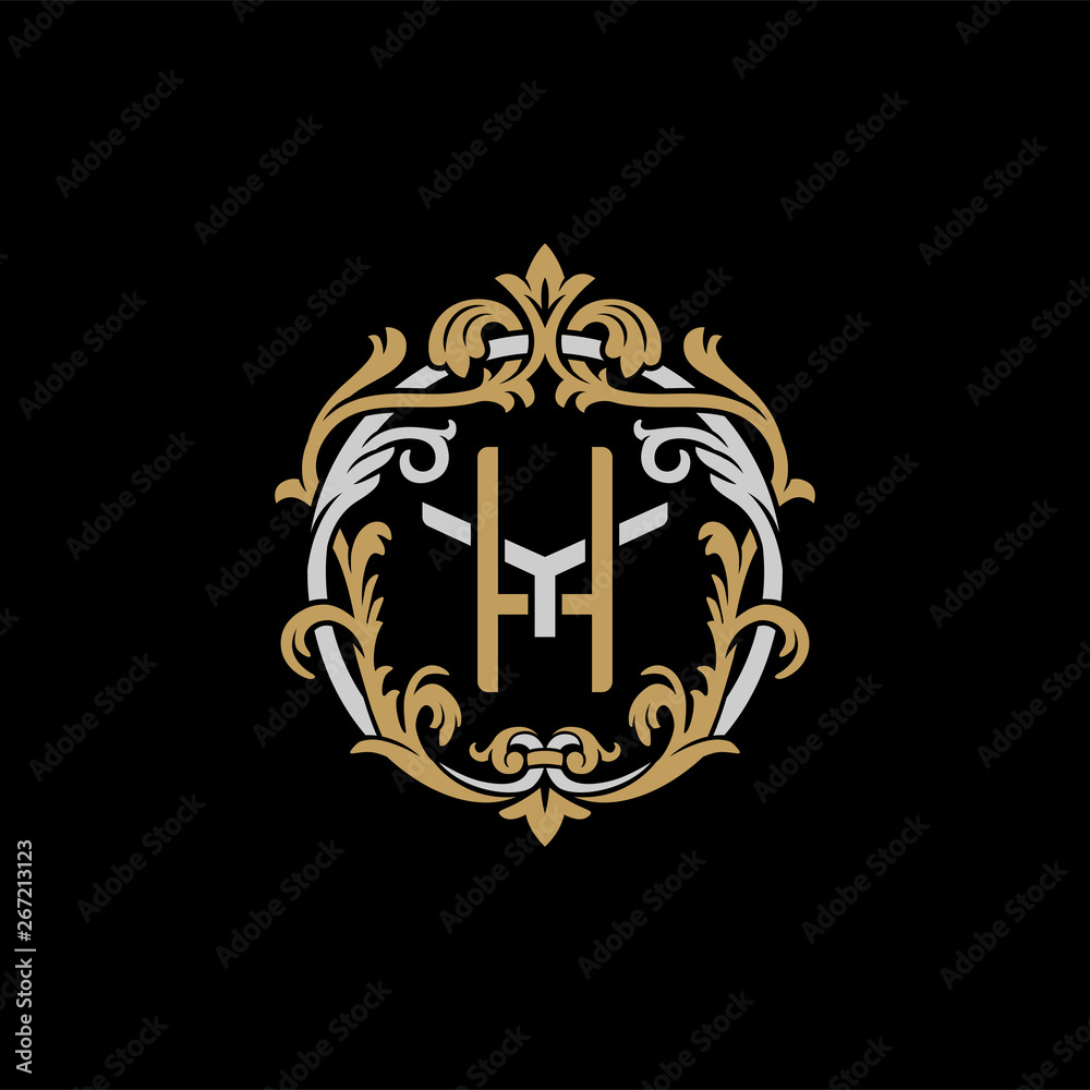 Initial letter Y and H, YH, HY, decorative ornament emblem badge, overlapping monogram logo, elegant luxury silver gold color on black background