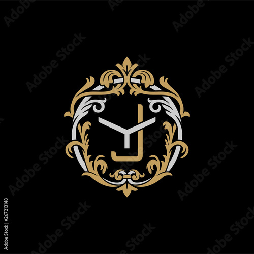 Initial letter Y and J, YJ, JY, decorative ornament emblem badge, overlapping monogram logo, elegant luxury silver gold color on black background