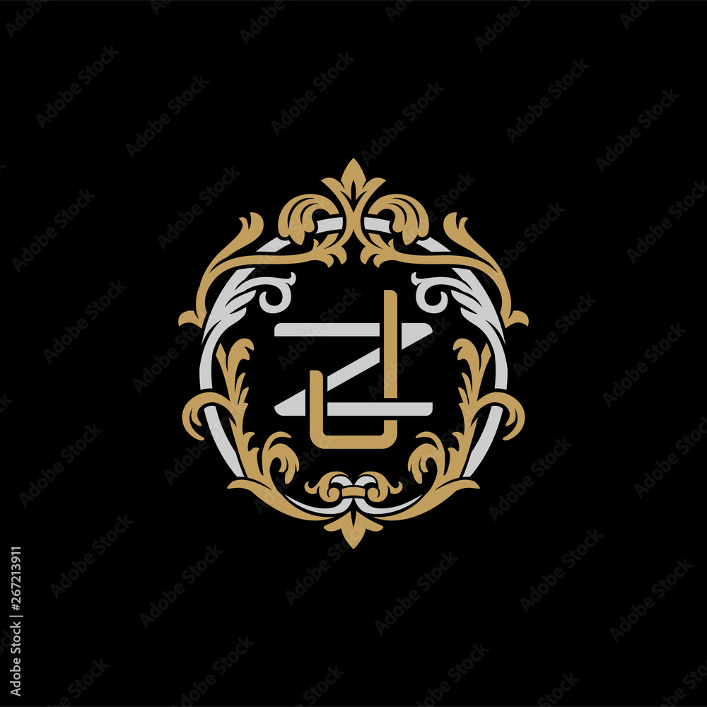 Initial letter Z and J, ZJ, JZ, decorative ornament emblem badge, overlapping monogram logo, elegant luxury silver gold color on black background Initial letter Z and J, ZJ, JZ, decorative ornament emblem badge, overlapping monogram logo, elegant luxury silver gold color on black background