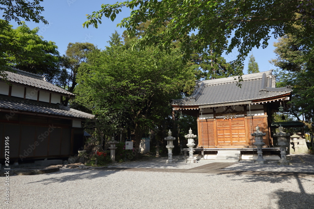 滋賀県甲良町にある八幡神社の初夏の境内と拝殿の風景