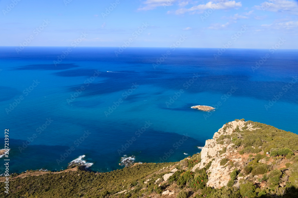 Bird view of Chrysochous bay and Agios Georgios islet, Cyprus