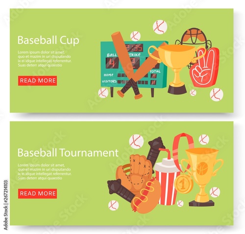 Baseball club or tournament set of banners, flyers vector illustration. Sport accessories such as bat, ball, softball gloves, batting helmets, catcher gear, electronic board.