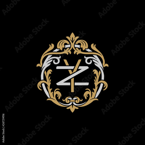 Initial letter Z and Y, ZY, YZ, decorative ornament emblem badge, overlapping monogram logo, elegant luxury silver gold color on black background