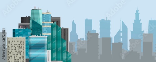 City background horizontal banner vector illustration. Modern town skyline. Architectural building in panoramic view. High multi-storey glass buildings of different forms.