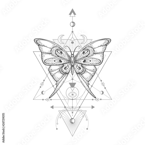 Vector illustration with hand drawn butterfly and Sacred geometric symbol on white background. Abstract mystic sign.