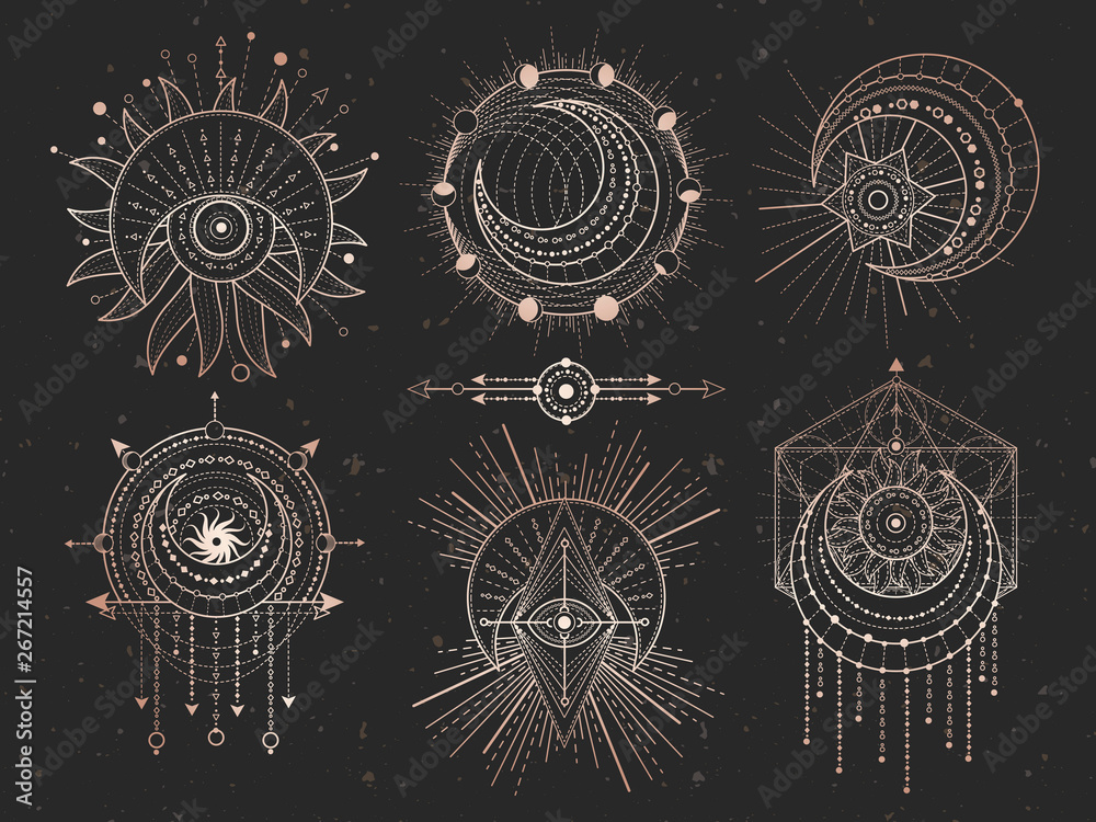 Vector set of Sacred geometric symbols and half moon on black grunge background. Gold abstract mystic signs collection. Vector set of Sacred geometric symbols and half moon on black grunge background. Gold abstract mystic signs collection.