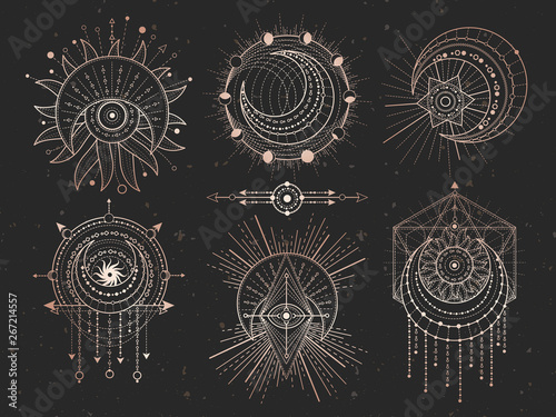 Vector set of Sacred geometric symbols and half moon on black grunge background. Gold abstract mystic signs collection.