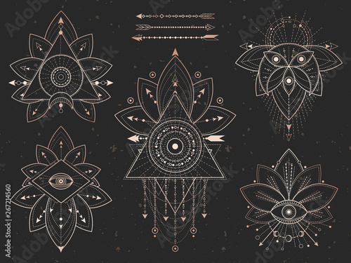 Vector set of Sacred geometric symbols and Lotus on black grunge background. Gold abstract mystic signs collection.