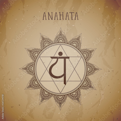 Vector illustration with symbol chakra Anahata grunge background.