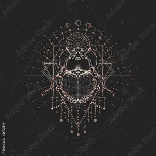 Vector illustration with hand drawn Scarab and Sacred geometric symbol on black vintage background. Abstract mystic sign.