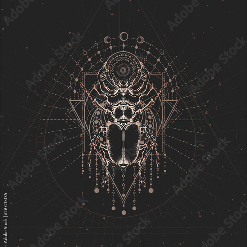 Vector illustration with hand drawn Stag beetle and Sacred geometric symbol on black vintage background. Abstract mystic sign.