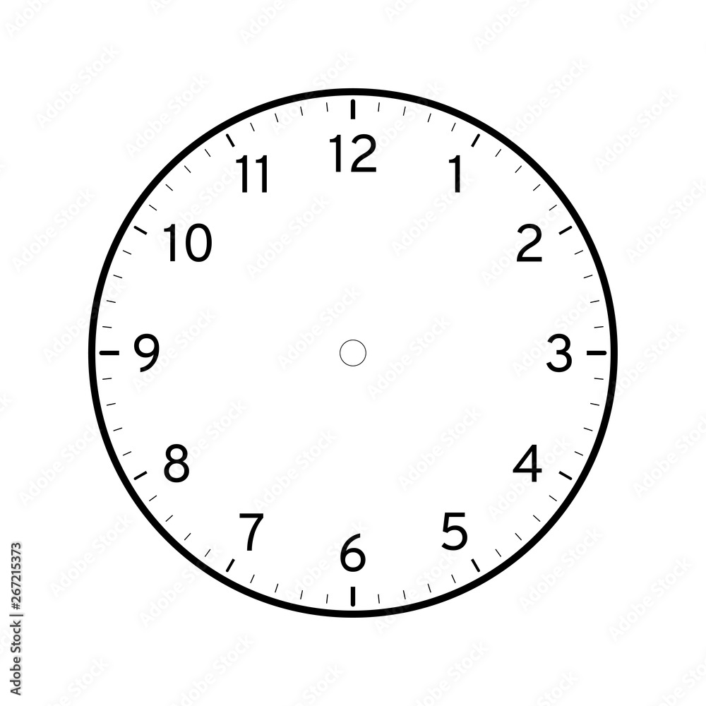 Empty printable clock face template isolated on white background Stock