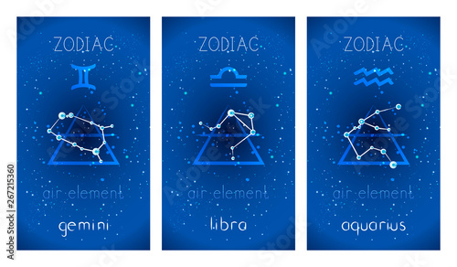 Set of three cards with Signs of the Zodiac, astrological constellations and hand drawn lettering on abstract background.