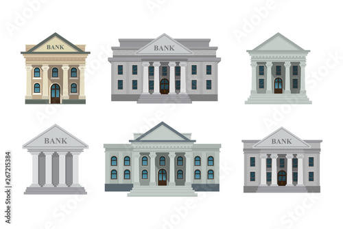Bank buildings icons set isolated on white background. Front view of court house, bank, university or governmental institution. Vector illustration. Flat design style. Eps 10. photo