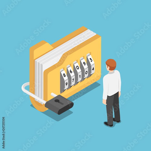 Isometric businessman standing with folder with lock