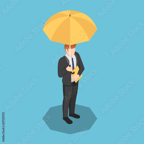 Isometric businessman with umbrella and document file in his hand