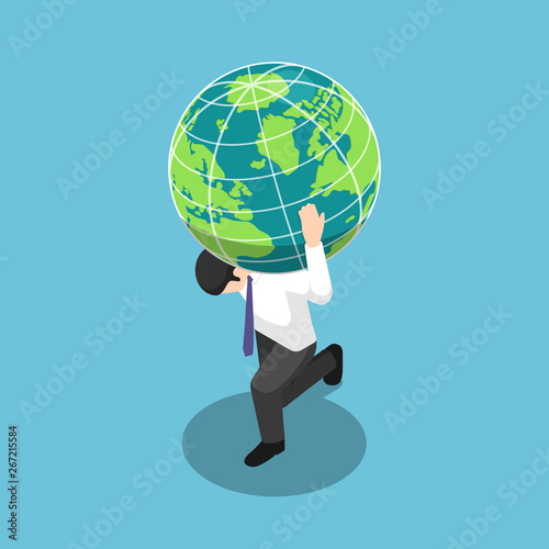 Isometric businessman carrying the world or earth globe on his shoulder
