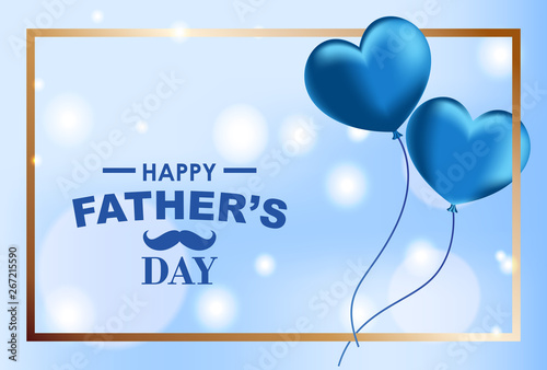 Father’s Day background, flying heart shaped balloons on blue bokeh lights, Vector Illustration