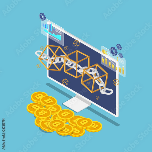 Isometric blockchain symbol on monitor and bitcoin