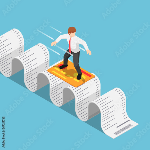 Isometric businessman use credit card and surfing on shopping receipt