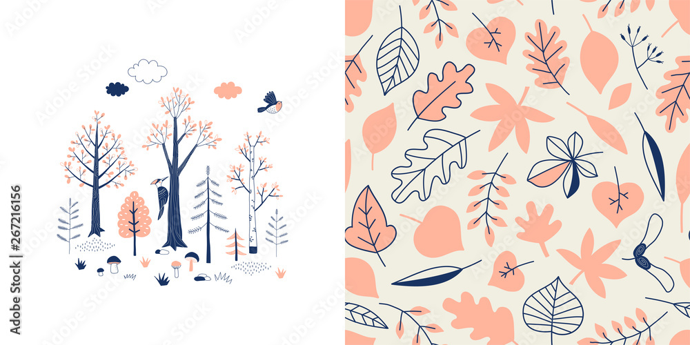 Forest wildlife childish fashion textile graphics set with t-shirt print and accompanied tileable background in decorative Scandinavian style. Woody landscape scene illustration. Woodland Tree Leaves - obrazy, fototapety, plakaty 