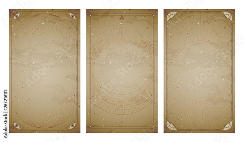.Vector set of three vintage backgrounds with geometric symbols and frames. Abstract geometric symbols and sacred mystic signs drawn in lines.