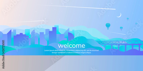 Abstract vector landscape. City by the water in a flat futuristic style with transport links. Train on the bridge between the slopes with gradient fill.