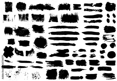 Big set of black paint, ink brush strokes, brushes, lines, grungy. Freehand drawing. Dirty artistic design elements, boxes, frames. Vector abstract illustration. Isolated on white background.