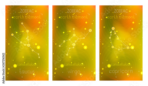 Set of three cards with Zodiac constellations and geometric symbol against abstract background with stars.