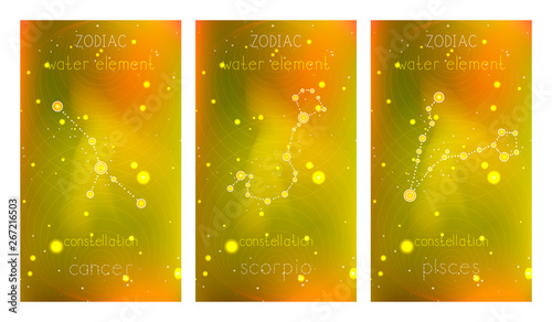 Set of three cards with Zodiac constellations and geometric symbol against abstract background with stars.